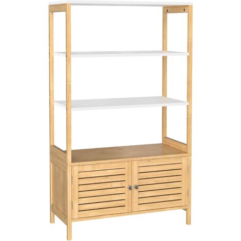 Songmics – Armoire de rangement haute en bambou 70 x 30 x 120 cm – 3 étagères et 1 placard à 2 portes – Couleur bois et blanc – BCB010N01