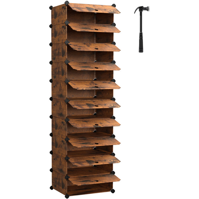 Étagère à Chaussures 10 Niveaux, Étagère Modulaire, Système d'Étagères, Organiseur de Chaussures, Étagère DIY, avec Porte, en Plastique PP, Marron