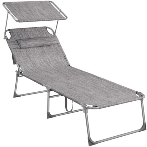 SONGMICS Bain de Soleil Grand, Chaise Longue Pliable, Transat, 71 x 200 x 38 cm, Capacité de Charge 150 kg, avec Pare-soleil, Dossier Inclinable, pour Jardin, Piscine, Terrasse, Grège