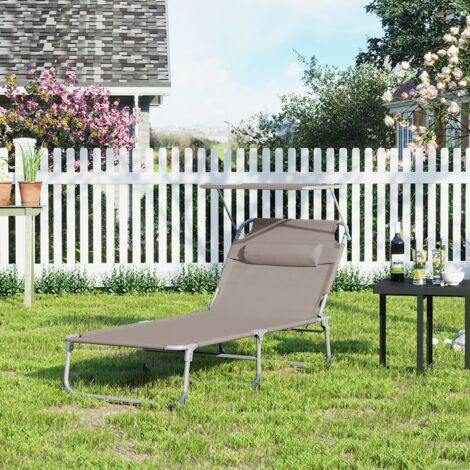 SONGMICS Bain de Soleil Grand, Chaise Longue Pliable, Transat, 71 x 200 x 38 cm, Capacité de Charge 150 kg, avec Pare-soleil, Dossier Inclinable, pour Jardin, Piscine, Terrasse, Taupe