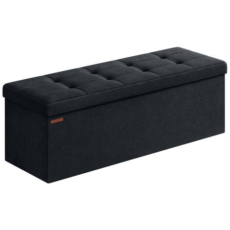 Songmics – Banc de rangement pouf en velours avec couvercle – 2 boîtes de rangement amovibles – 38 x 110 x 38 cm – Capacité 300 kg – Noir d'encre