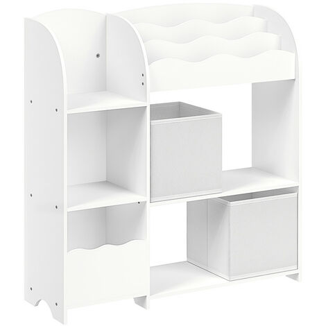 Songmics – Bibliothèque enfant avec 3 compartiments pour livres et 5 pour jouets – 2 boîtes de rangement amovibles – Panneau aggloméré blanc nuage – Dimensions 30 x 93 x 100 cm