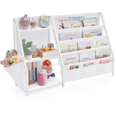 Songmics – Bibliothèque enfant blanche 75 cm – Organiseur de livres et jouets – Pochettes latérales – Matériaux robustes – Idéale pour chambre et salle de jeux