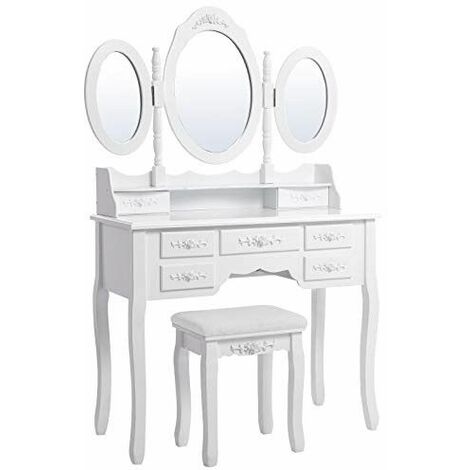 SONGMICS blanc Coiffeuse table de maquillage grand commode avec 3 miroirs rabattables 7...