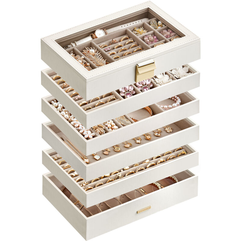 Songmics - Boîte à Bijoux avec 6 Plateaux Empilables, Coffret à Bijoux Spacieux, Couvercle en Verre, 17 x 28 x 25,3 cm, pour Tiroir, Coiffeuse, Blanc