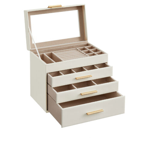 Songmics – Boîte à bijoux moderne 4 niveaux – Couvercle en verre – 3 tiroirs pour lunettes et accessoires – MDF et PU – Dimensions 15,3 x 25,1 x 21,5 cm