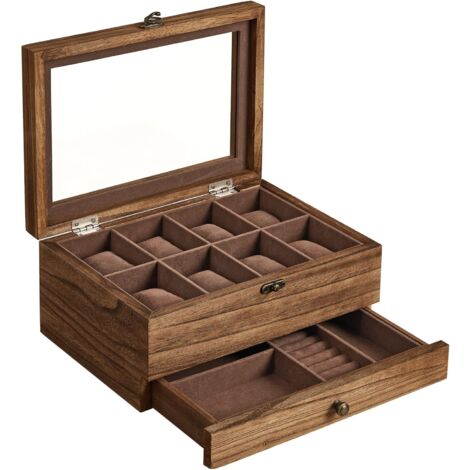 Songmics – Boîte à montres 8 places JOW008K01 – Coffre en bois massif avec vitre en verre – Dimensions 27x20x13 cm – Idée cadeau originale