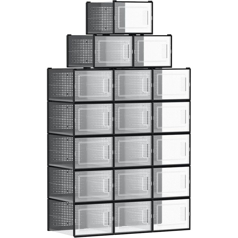 Songmics - Boîtes à Chaussures, Lot de 18, Rangement Chaussures, Pliable, pour Pointure jusqu'à 46, Transparent et Noir, 35 x 25,2 x 19 cm Songmics - Boîtes à Chaussures, Lot de 18, Rangement Chaussures, Pliable, pour Pointure jusqu'à 46, Transparent et Noir, 35 x 25,2 x 19 cm