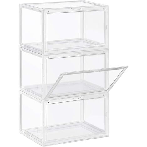 SONGMICS Boîtes à Chaussures, Lot de 3, Coffre de Rangement, Empilable, avec Porte, en Plastique Pointure Jusqu’à 46, 36 x 28 x 22 cm, Transparent