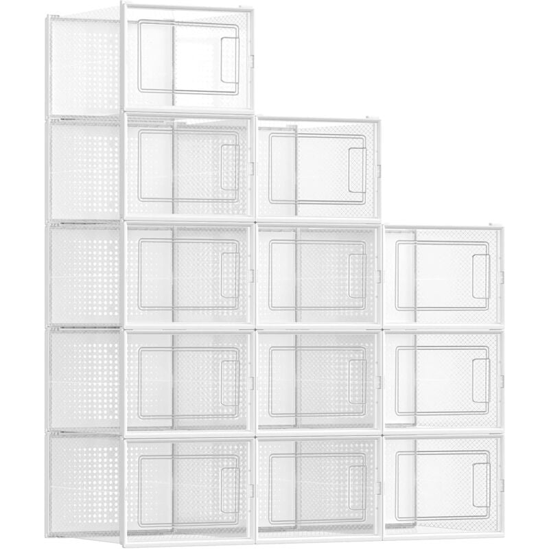 Boîtes à Chaussures, Lot de 12, Rangement Chaussures, Pliable, pour Pointure jusqu'à 46, Transparent et Blanc LSP12MWT - Songmics
