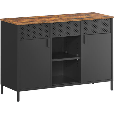 Songmics – Buffet en métal marron rustique et noir mat – Placard à double portes – Étagères réglables – Dimensions 110x40x76cm