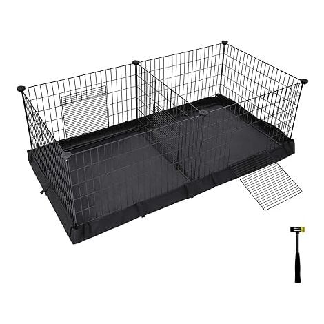 SONGMICS Cage pour Animaux de Compagnie, Clôture pour Petits Animaux, Parc avec Panneau Séparateur pour 2 Espaces Séparés, Tapis de Sol et 3 Portes, 63 x 123 x 46 cm, Noir