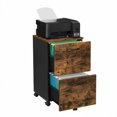 Vasagle – Caisson de bureau sur roulettes 2 tiroirs – Panneau aggloméré marron rustique et noir – Compatible documents A4 – OFC040B01