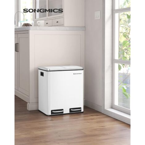 SONGMICS Cestino da Cucina, Doppio Secchio 2 x 15L per Raccolta Differenziata, Pattumiera a Pedale, Coperchi a Chiusura Morbida, Acciaio, Bianco Nuvola