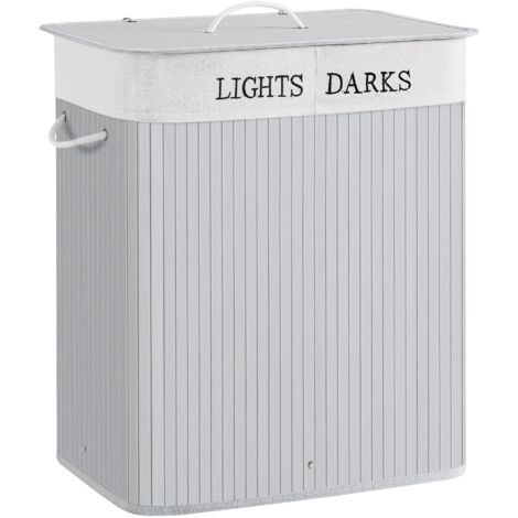 SONGMICS Cesto Portabiancheria, 100 L, Cesta per il Bucato a 2 Scomparti, in Bambù, Coperchio e Maniglie, Pieghevole, Sacchetto Estraibile e Lavabile, Lavanderia, Camera da Letto, Grigio LCB064G03