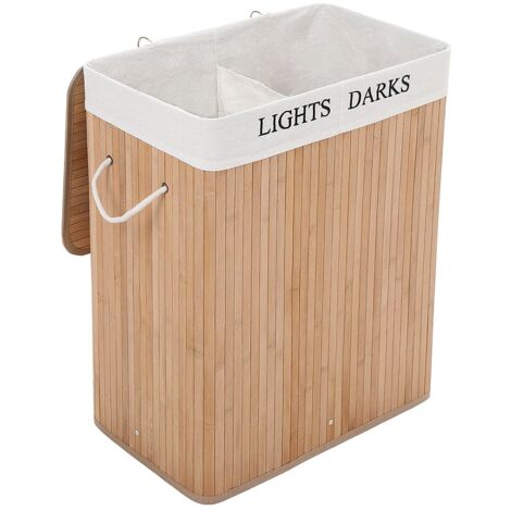 SONGMICS Cesto Portabiancheria, 100 L, Cesta per il Bucato a 2 Scomparti, in Bambù, Coperchio e Maniglie, Pieghevole, Sacchetto Estraibile e Lavabile, Lavanderia, Camera da Letto, Naturale LCB64Y