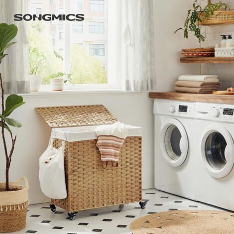 SONGMICS Cesto Portabiancheria, Organizzatore per Bucato, 140 Litri, Stile Rattan, con 3 Scomparti, Sacco Interno Rimovibile, Coperchio, Manici, Soggiorno, Bagno, 66 x 33 x 60 cm, Naturale