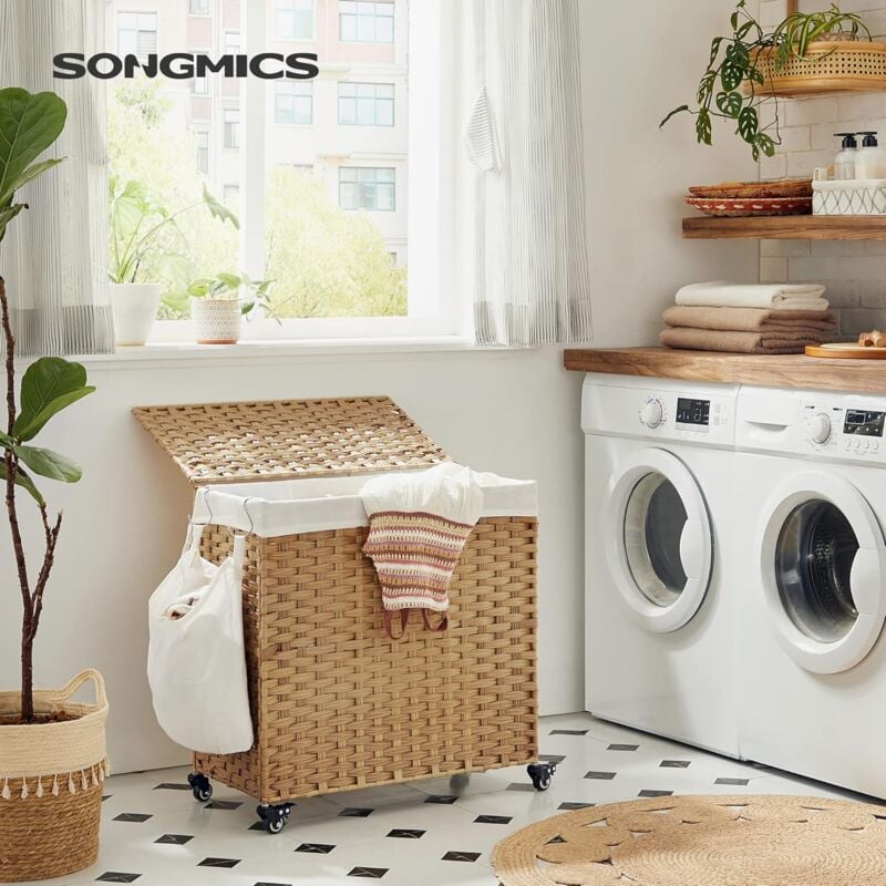 Songmics - Cesto Portabiancheria, Organizzatore per Bucato, 140 Litri, Stile Rattan, con 3 Scomparti, Sacco Interno Rimovibile, Coperchio, Manici,