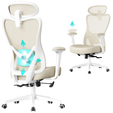 SONGMICS Chaise de Bureau Ergonomique, Fauteuil de Bureau, Appui-Tête et Soutien Lombaire Réglables, Supporte Jusqu’à 150 kg, Hauteur Réglable, Beige Sable OBN066LF01