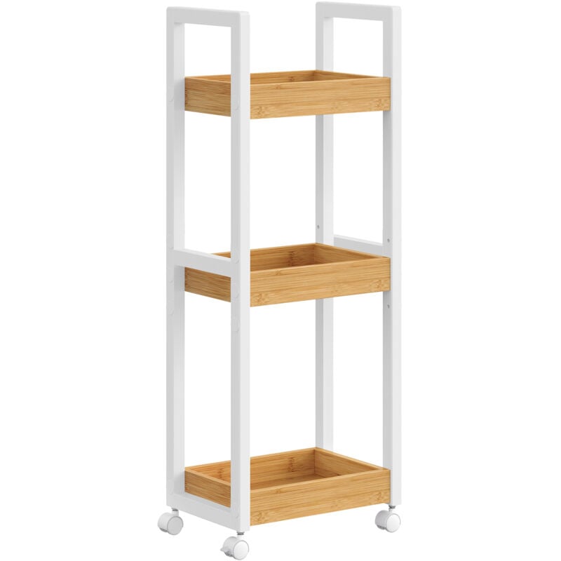 Chariot de Salle de Bain, Étagère Mince de Salle de Bains, Chariot de Rangement à 3 Niveaux sur roulettes, Bambou, Gain de Place, 20 x 30 x 80 cm,