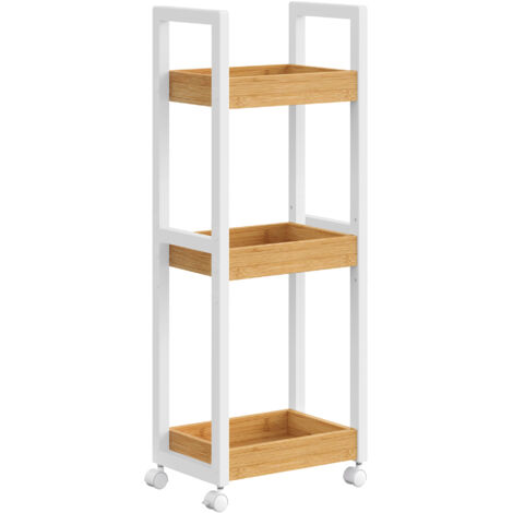 SONGMICS Chariot de Salle de Bain, Étagère Mince de Salle de Bains, Chariot de Rangement à 3 Niveaux sur roulettes, Bambou, Gain de Place, 20 x 30 x 80 cm, Boisée