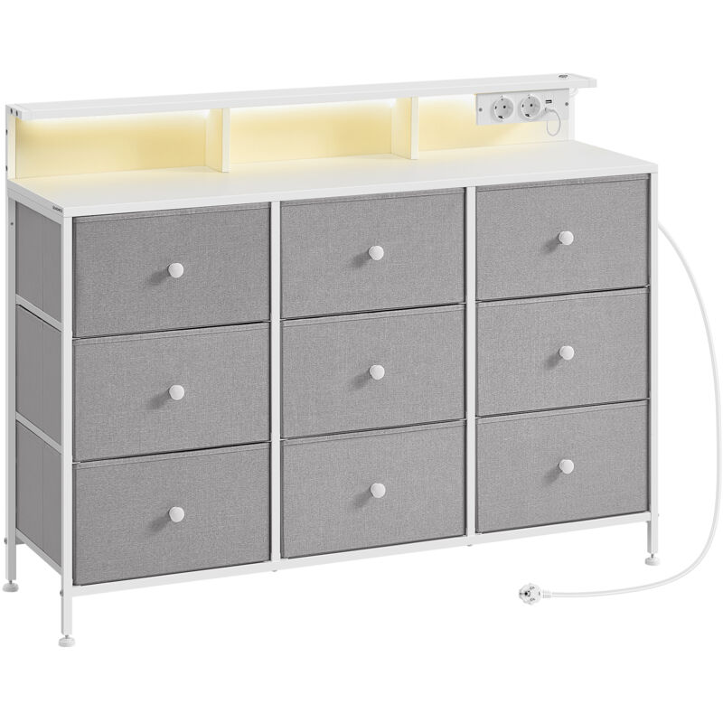 Commode avec 9 Tiroirs et Éclairage led, Multiprise, Cadre en Acier, 33,5 x 114 x 84 cm, pour Chambre, Salon, Gris Tourterelle - Songmics