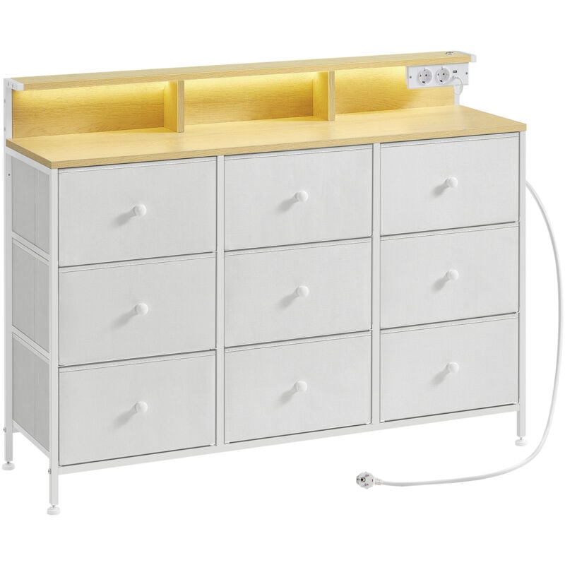 Commode avec 9 Tiroirs et Éclairage led, Multiprise, Cadre en Acier, 33,5 x 114 x 84 cm, pour Chambre, Salon, Blanc Nuage - Songmics