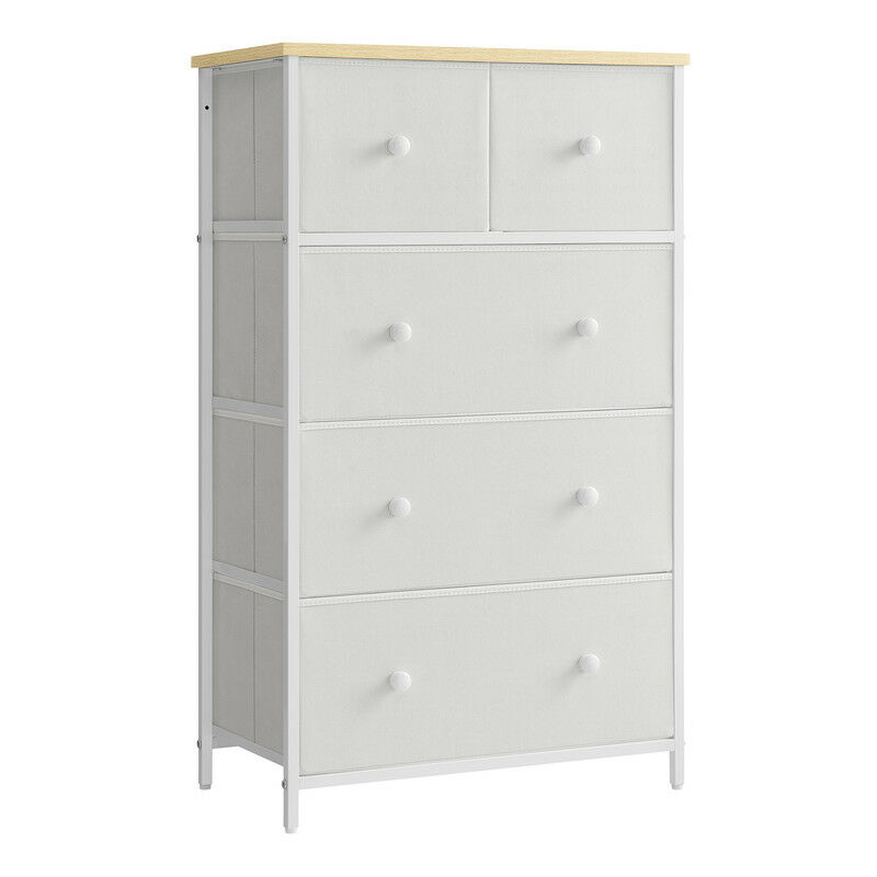 Commode avec 5 Tiroirs en Tissu, Style Industriel, Meuble de Rangement, 56 x 30 x 93 cm, Blanc et Couleur Boisée - Songmics