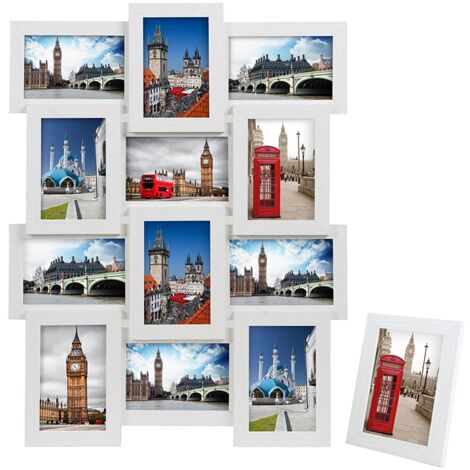 SONGMICS Cornice 10x15 cm Multifoto da Parete Posti di Foto e Un Portafoto Singolo da Tavolo Bianco con Venatura del Legno RPF112W, Confezione da 12, unità