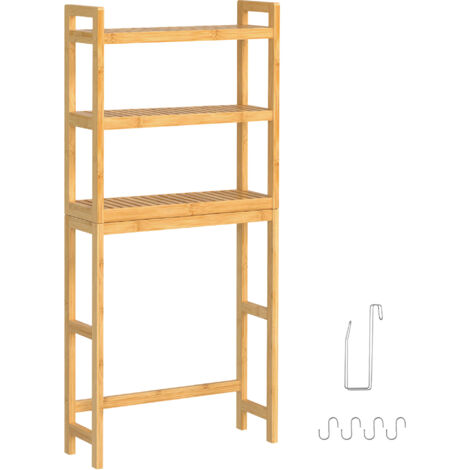 Songmics – Étagère WC en bambou naturel 3 niveaux – Étagère centrale réglable – Kit anti-basculement inclus – Montage facile – 26 x 63 x 163 cm