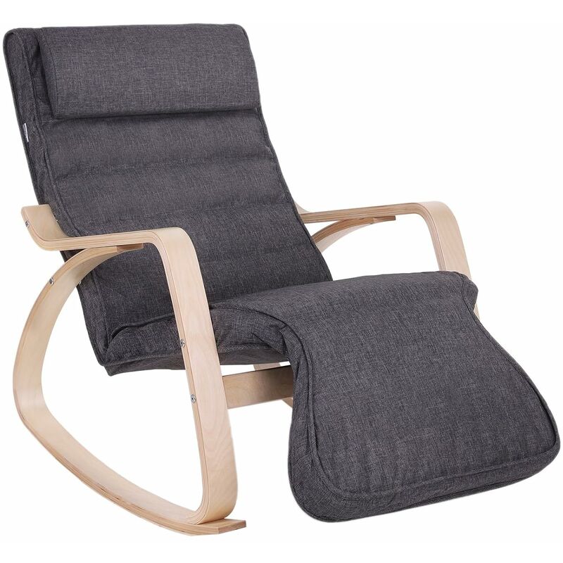 songmics - fauteuil à bascule, fauteuil berçant en bois, avec repose-pied réglable 5 niveaux, housse amovible lavable, charge max 150 kg, dimensions