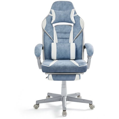 SONGMICS Fauteuil de Bureau, Chaise Gaming, Réglable, Repose-pieds Télescopique, Mécanisme à Bascule, Appui-tête, Support Lombaire, Charge 150 kg, Bleu Lac et Blanc Crème