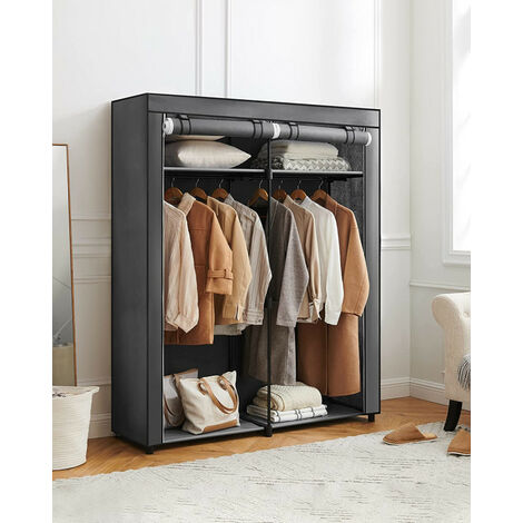 Kleiderschrank, Garderobe mit Kleiderstangen, Aufbewahrung für Kleidung, Stoffschrank, Kleiderständer, faltbar, Ankleidezimmer, Schlafzimmer, 140 x 43 x 174 cm, grau/schwarz