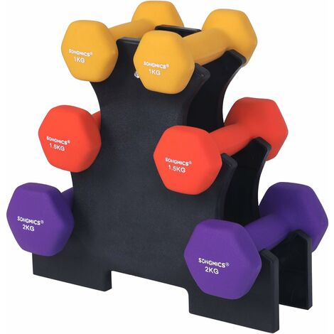 Songmics – Haltères en vinyle antiglisse 2 x 1,0 kg + 2 x 1,5 kg + 2 x 2,0 kg – Prise ergonomique – Forme hexagonale pour stabilité – SKU SYL69BK