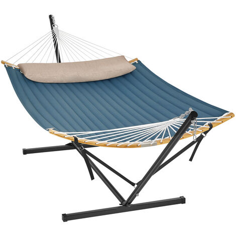 SONGMICS Hamac avec Support, Structure de Hamac en Métal, Barre de Soutien Double, avec Coussin, Capacité de Charge Jusqu'à 200 kg, pour Jardin, Structure Noire et Hamac Gris/ Bleu