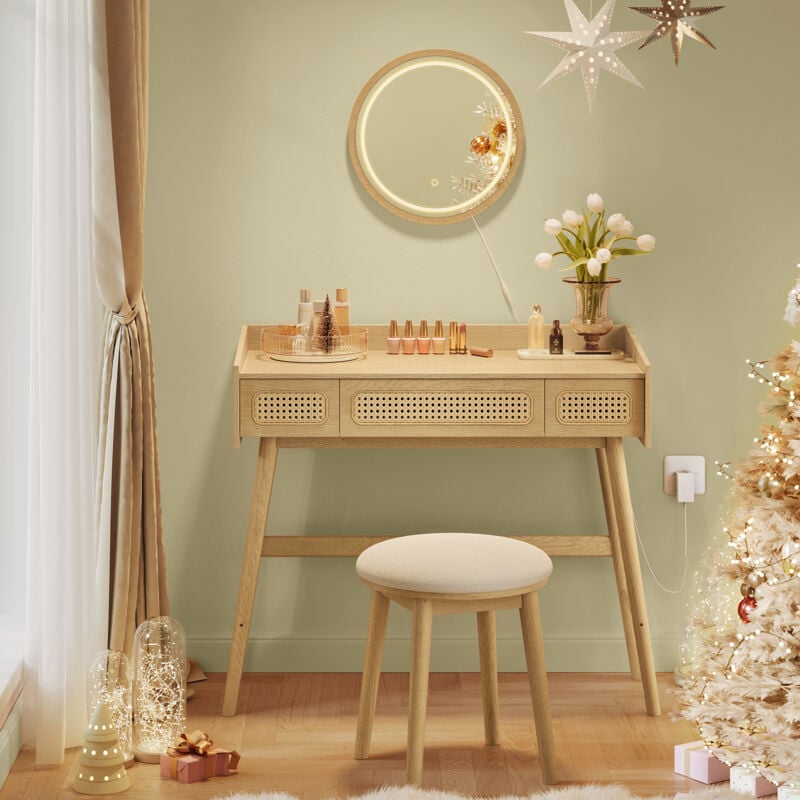 Coiffeuse BOHOVEN avec Miroir et Lumière, 3 Tiroirs, Lumière Réglable avec 3 Nuances de Couleur, Style Bohème, SANS TABOURET, Beige Chêne