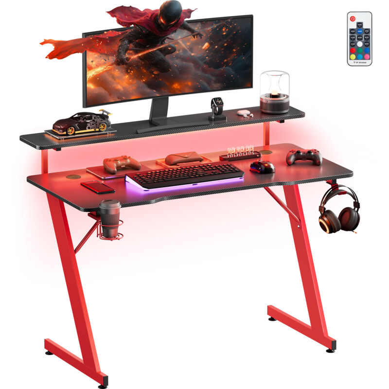 Songmics Home - Bureau de Jeu, avec Lumière led, en Forme de z, Support Moniteur, Porte-Gobelet, Crochet pour Casque, pour Bureau à Domicile, Noir