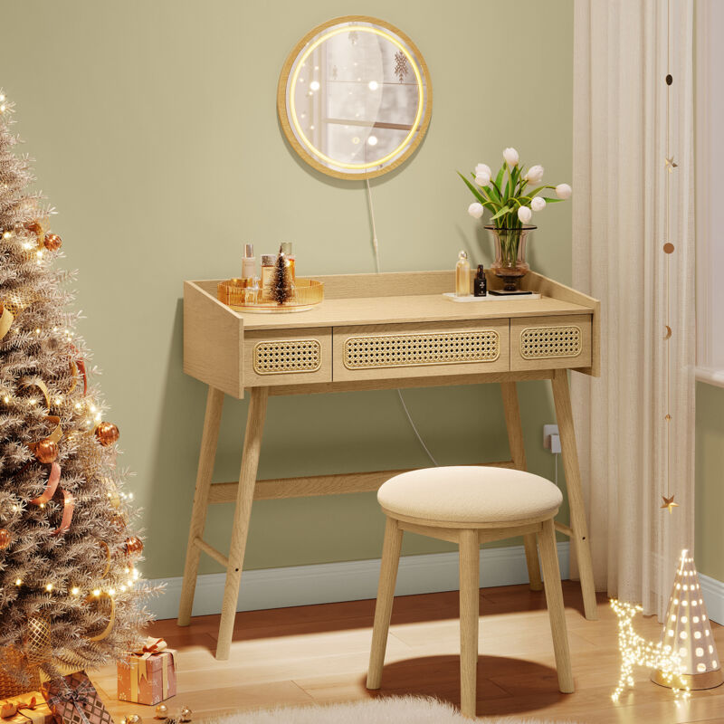 Coiffeuse avec Tabouret, avec Éclairage, Pouf Rond, Style Bohème, bohoven Collection, pour Chambre, pour Chambre, Beige Chêne et Blanc Crème Coiffeuse avec Tabouret, avec Éclairage, Pouf Rond, Style Bohème, bohoven Collection, pour Chambre, pour Chambre, Beige Chêne et Blanc Crème