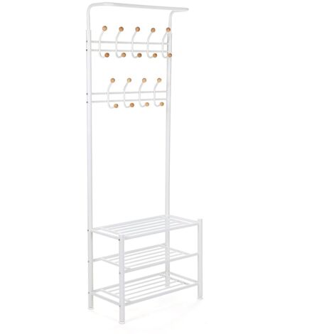 Höhe 187cm Garderobenständer Kleiderständer 68.8 x 35.2 x 187cm Garderobe mit 3 schuhablagen mit 18 Haken aus Metall Weiß, HSR04W - Blanc