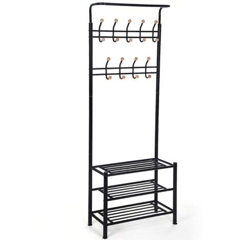 Höhe 187cm Garderobenständer Kleiderständer 68.8 x 35.2 x 187cm Garderobe mit 3 schuhablagen mit 18 Haken aus Metall Schwarz HSR04B