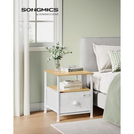 SONGMICS Mesita de Noche, Mesa Auxiliar, Cajonera de Tela, con 2 Estantes, Estilo Moderno, para Sala de Estar, Dormitorio, Beige Roble y Blanco Nube