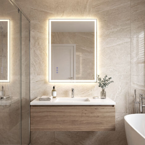 Songmics – Miroir lumineux de salle de bain 50,7 x 70,7 cm – Anti-buée – Éclairage LED ajustable – Verre trempé blanc