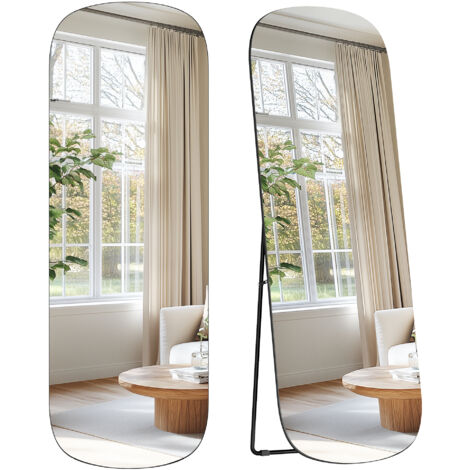 SONGMICS Miroir sur Pied Pleine Longueur, 160 x 50 cm, avec Coins Arrondis, en Verre de Qualité, Cadre en Aluminium, pour Chambre à Coucher, Dressing, Noir d'Encre