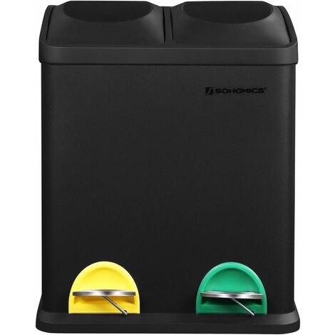 Mülleimer 30 Liter, Mülltrennung, 2 x 15 Liter, Abfalleimer, Treteimer mit Inneneimern, farbigen Pedalen, Mülltrennsystem für die Küche, Schwarz LTB30B - Black