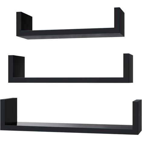 SONGMICS Muro, Set da 3, Parete, 30/35/40 cm, Mensole Decorative, Portata di 10 kg, per Soggiorno Studio Bagno Cucina, Nero Lucido LWS40BK, Legno ingegnerizzato, 10 x 30/35/40 x 7/8/9 cm (P x L x A)