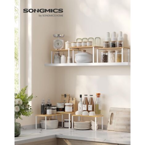 Set Di 4 Scaffali Organizzatori Da Cucina SONGMICS - Impilabili, Regolabili, In Metallo E Legno | Bianco E Beige