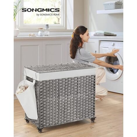 Songmics – Panier à linge tressé 160L avec couvercle – 3 compartiments – Sac intérieur amovible – Dimensions 70 x 36 x 66 cm – Gris