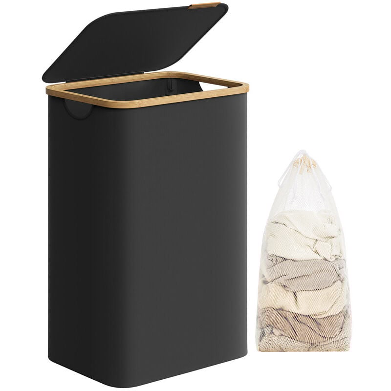 Panier à Linge Mince avec Couvercle, 90L, Gain de Place, Doublure en Maille Amovible, Tissu Oxford, Poignées en Bambou, Pliable, 42 x 32 x 70,5 cm,