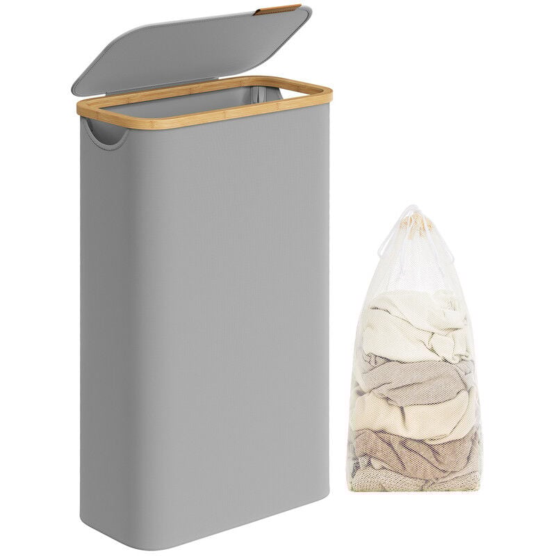 Panier à Linge Mince avec Couvercle, 65L, Gain de Place, Doublure en Maille Amovible, Tissu Oxford, Poignées en Bambou, Pliable, 42 x 22,5 x 70,5 cm,