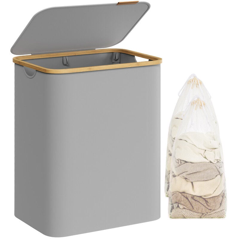 Panier à Linge avec Couvercle à 2 Compartiments, 130L, Sac Amovible, Tissu Oxford, Poignées en Bambou, Pliable, 52 x 38,5 x 70,5 cm, Gris Tourterelle